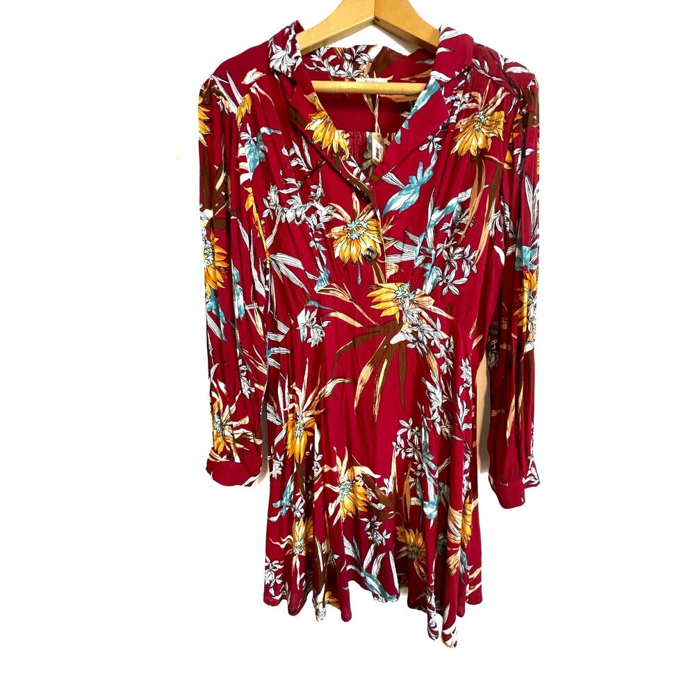 NWT Kori America Long Sleeve Red Floral Crinkle Dress Pleated Collar Size S